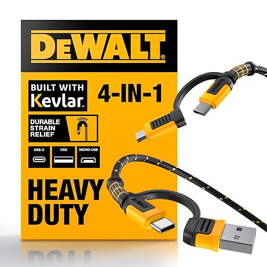 DEWALT Heavy Duty 4-in-1 Cable, Type C/Micro USB/USB Cable for iPhone 16, iPhone 15, iPad Charger USB C, Huawei, HTC, LG, Samsung Galaxy, Android Smartphones, iPad Pro, Micro C Charging (6ft, Black)