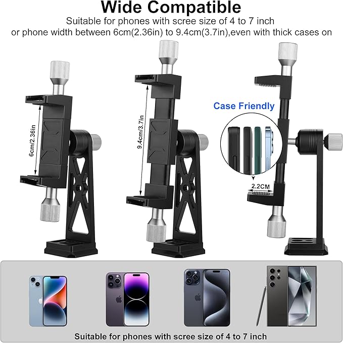 Peastrex Metal Phone Tripod Mount Extra Deep Clamp with Arca Port Cold Shoe 360°Ball Head Cellphone Tripod Adapter for iPhone Galaxy Smartphone Stand Holder for Vlogging Video Camera Monitor
