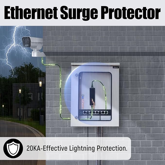 Ethernet Surge Protector Gigabit, 20KA PoE++ Ethernet Lightning Arrestor, RJ45 Lightning Suppressor Network Protection with Ethernet Transformer/Gas Discharge Tube/Mounting Flange,1Pack