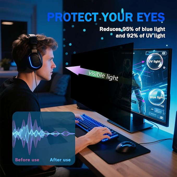 [2 Pack] Magnetic Computer Privacy Screen Filter 24 Inch for Frameless Monitor 16:9 Aspect Ratio, Removable Anti Glare Blue Light Protector, Double Sided Reversible Eye Care 24in Film