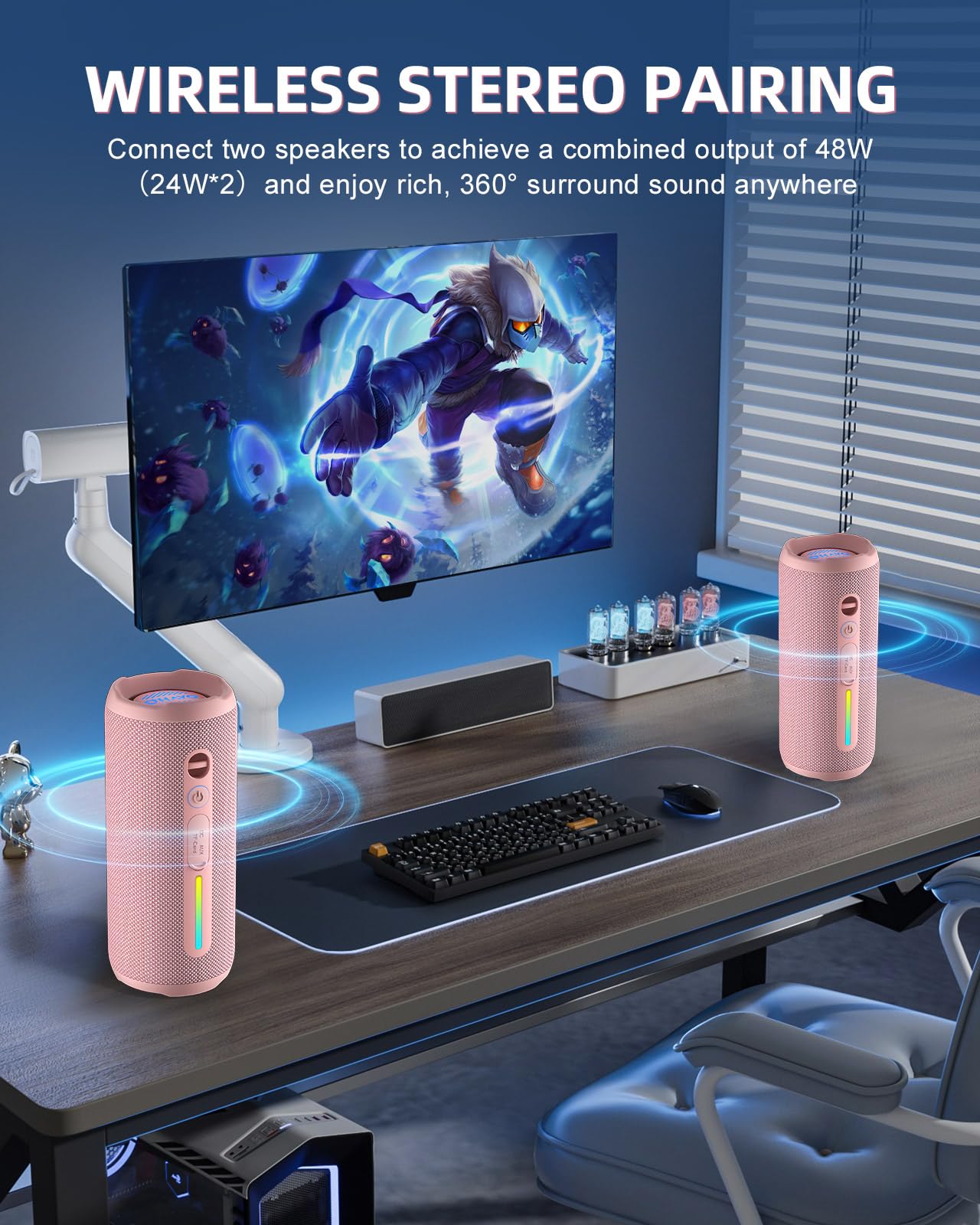 OHAYO Portable Bluetooth Speaker IPX7 Waterproof, 24W Wireless Stereo Speaker with Extra Bass, Bluetooth 5.3, 30-Hour Playtime & Colorful LED Lights for Pool, Camping, Beach, Party (Black)