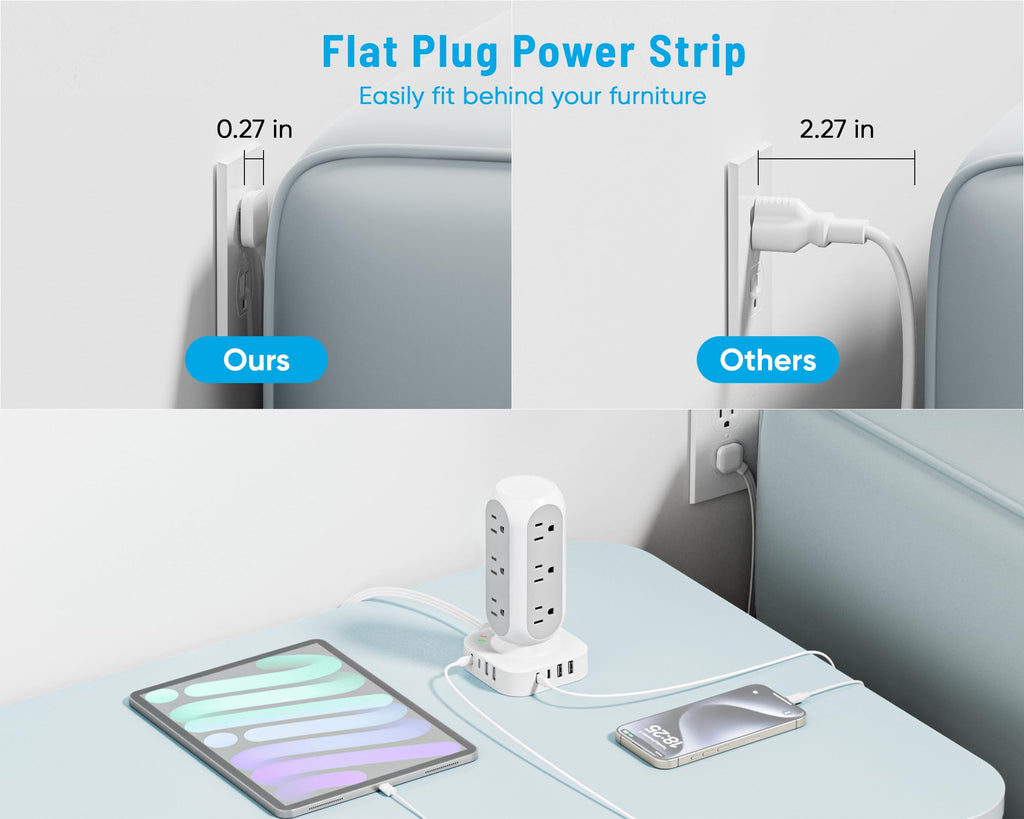 Flat Plug Power Strip Tower, TenTrend 65W Max Charging Tower with 12 AC Outlets & 8 USB Ports (4 USB C), 82W Total Fast Charging Station, 10FT Extension Cord for Desk Office Dorm Room