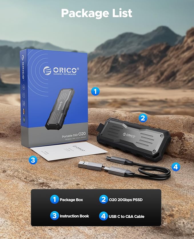 ORICO 2TB External SSD Up to 2000MB/s, Interface Extra Protection, Waterproof and Dust-Proof, Rugged and Reliable Outdoor Portable Solid State Drives for Action Camera, Smartphone, Laptop - O20