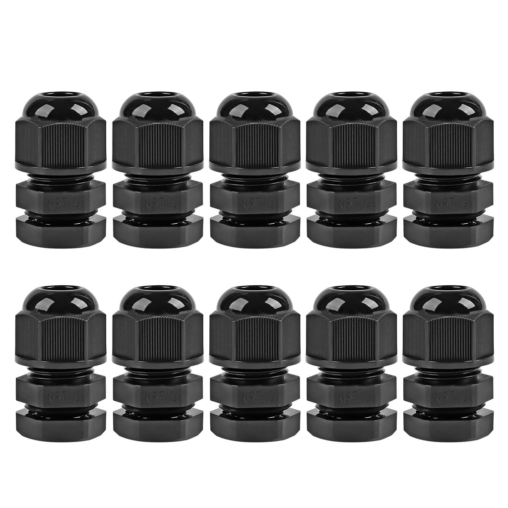 XHF 10 Pcs 1/4" IP68 Strain Relief Nylon Cord Grip NPT Cable Glands Adjustable UL Listed and RoHS Compliant (Black)