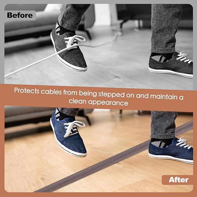 Floor Cord Cover for Wires on Floor Self Adhesive Cord Hider Floor Cable Management Wire Covers for Cords Protector Prevent Cable Trips Cord Cavity W 0.47" x H 0.27", Grayish Brown Wood, 10Ft