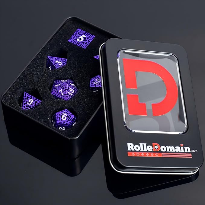 Purple Metal Hollow DND Dice Set (Warlock) Metallic Luster Maze Design with Storage Box - Balanced Weight 7 Piece Zinc Alloy, Designed for Dungeons and Dragons DM Player RPG Accessories