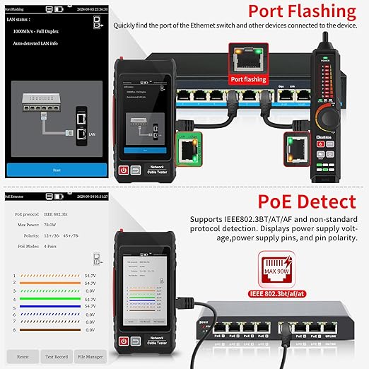 Multifunction RJ45 Network Caber Tester, 4" IPS Touch Screen UTP Cable Tester,Rechargeable Ethernet Cable Tracer,Support Network Tools, POE++ Detect,Cable Length Meter,RJ45 TDR Test, NCV,PD Power,FTP