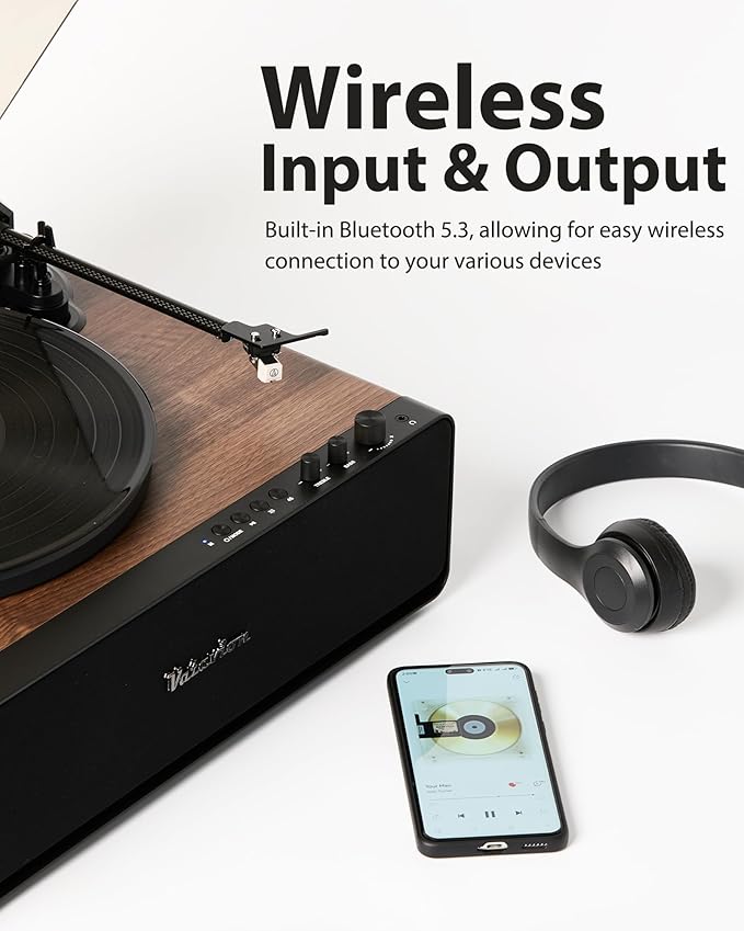 Vinyl Record Player, High Fidelity Belt Drive Turntable for Vinyl Records 33/45 RPM with MM Cartridge AT-3600L, Phono Preamp, Bluetooth Record Player with LED Light, Auto Off (Walunt Wood)