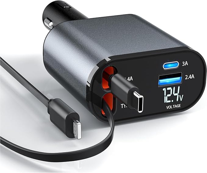 Retractable Car Charger，4 in1 Fast Car Phone Charger with Dual Retractable Cables and 2 Charging Ports (Type C+Lightning Retractable Cords)