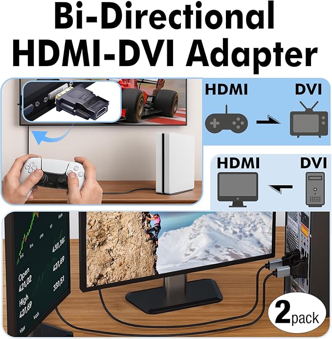DVI to HDMI Adapter, 2-Pack – Bi-Directional DVI-D Male to HDMI Female Converter – 4K/30Hz UHD Video Support for Monitor, HDTV, Projector, PC, PS4, Laptop – Gold-Plated Connectors