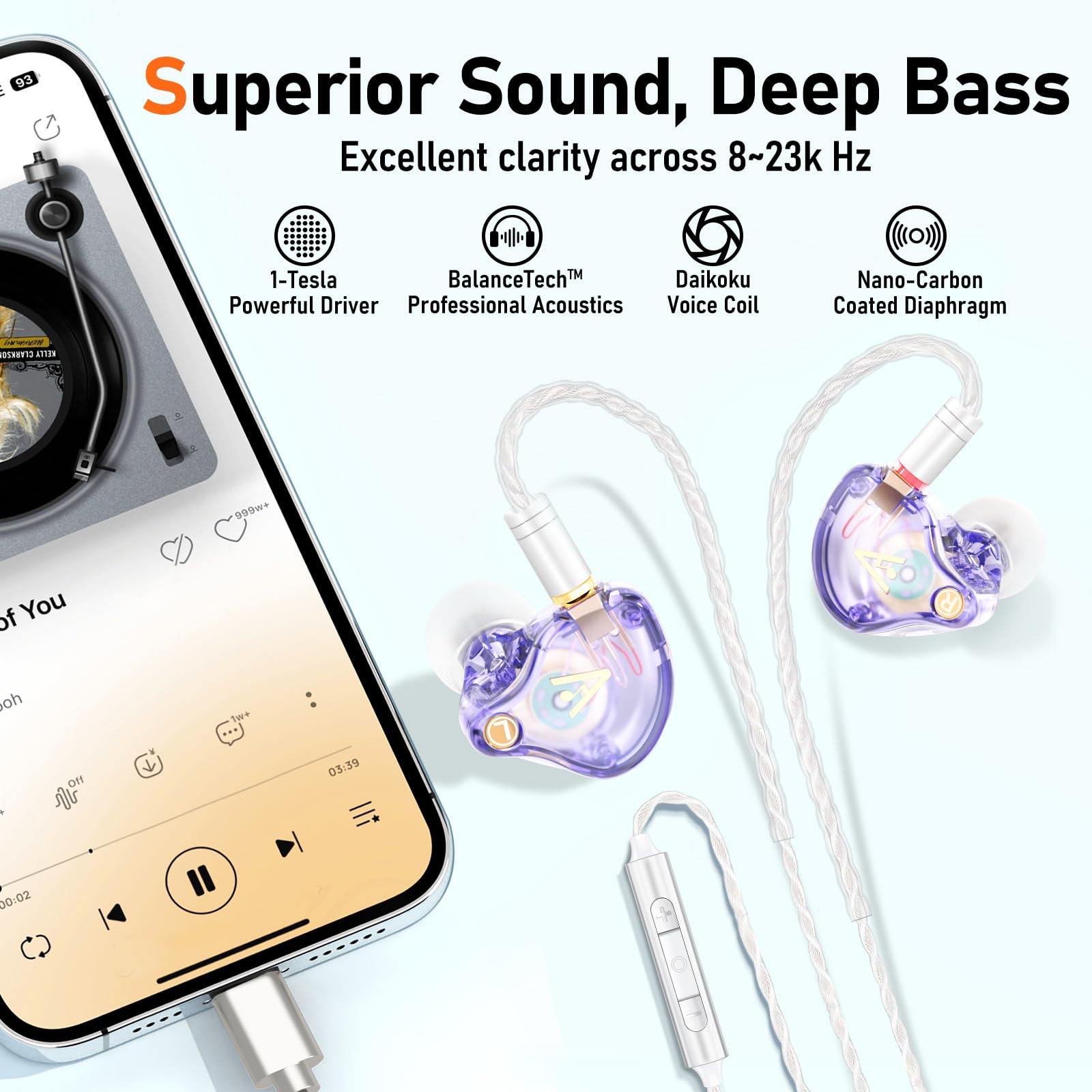 Audiovance Vibes 202MC USB-C HiFi Wired Earbuds Type-C Headphones with Mic