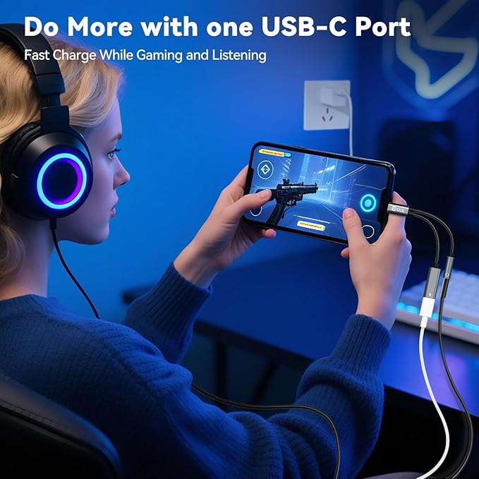 USB C Splitter for KZ ZS10 PRO, CCZ CA01 USB C to 3.5mm Audio Headphone and Charger Adapter, Type C Headphone Splitter 1 in 2 Out, IEM Cable DAC Dongle for Samsung Galaxy S25/S24/S23/S22 (USBC-3.5MM)