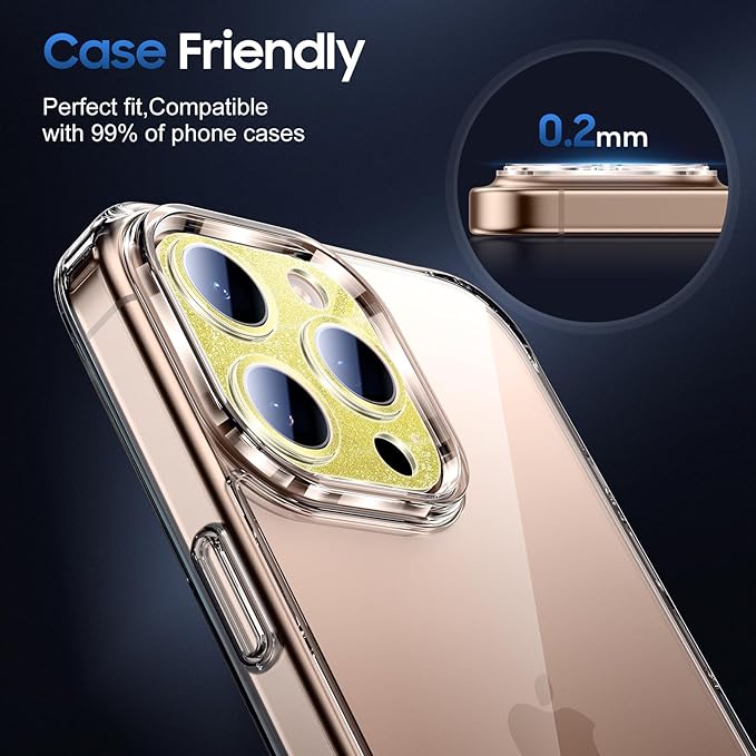 UniqueMe for 3 Pack iPhone 16 Pro/iPhone 16 Pro Max Camera Lens Protector - [Drop Protection] [Case Friendly] 9H Tempered Glass Camera Cover Screen [Update New Version] - Glitter Gold
