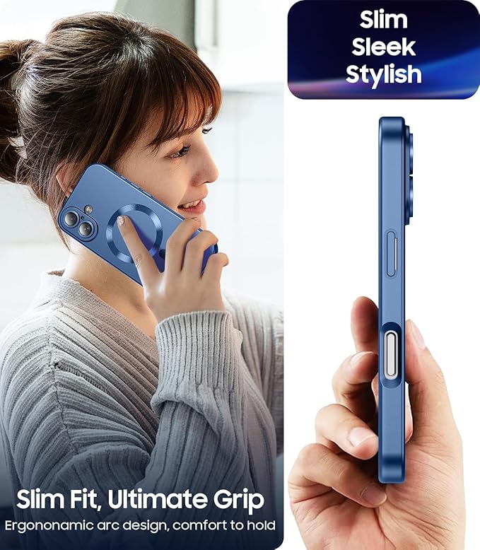 Magnetic for iPhone 16 Plus Case [Compatible with MagSafe][Built-in Camera Lens Protector] Slim Soft Silicone Bumper Shockproof Metallic Luster Phone Case (Blue)