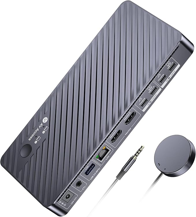 AV Access Docking Station KVM Switch 2 Monitors 2 Laptops, 4K HDMI KVM Switch Dual Monitor, 100W PD for Each PC, 1G Ethernet, EDID Emulation, Ideal for Home Office & Gaming