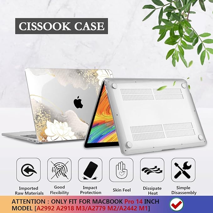 CISSOOK Compatible with MacBook Pro 14 inch Case 2024 2023-2021 Release Model: M4 A3112 A3185 A3401 M3 A2992 A2918 M2 A2779 A2442 M1 Pro/Max, Lotus Hard Shell Case for MacBook Pro 14 with Touch ID