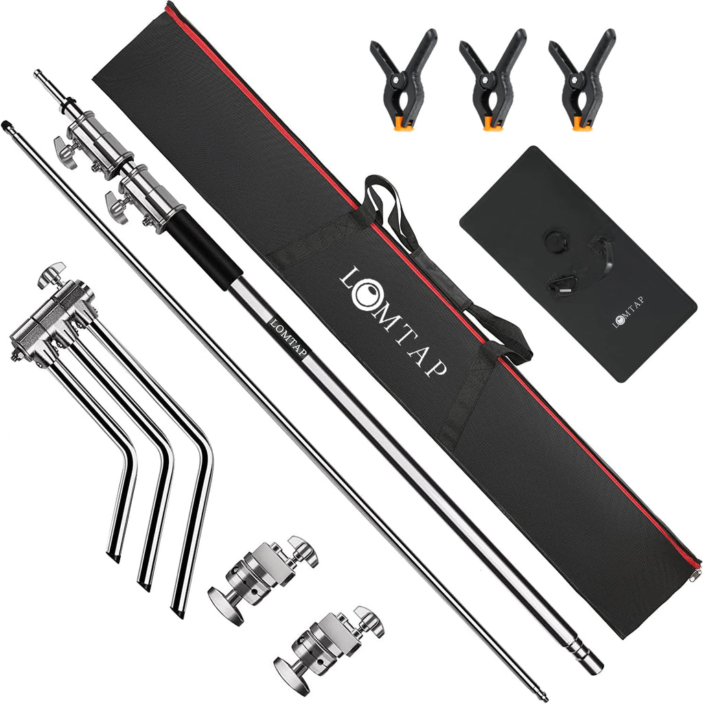 LOMTAP C Stand Light Stand Stainless Metal Photography Kit - Heavy Duty 6.8ft/210cm Vertical Pole, 2.8ft/87cm Boom Arm, Adjustable Base, Water Sandbag, 2 Grip Heads, 3 Clips for Softbox, Reflector