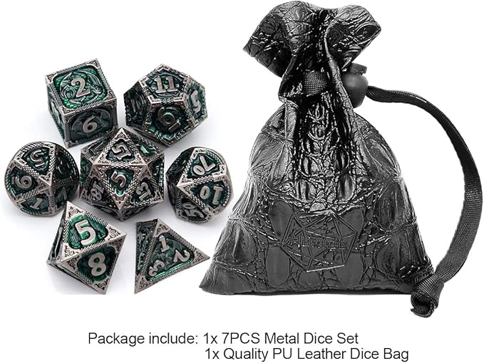 Haxtec DND Dice Set Metal D&D Dice Set with Leather Dice Bag Antique Iron Green Metal Polyhedral Dice Compatible with Dungeons and Dragons TTRPG Gifts