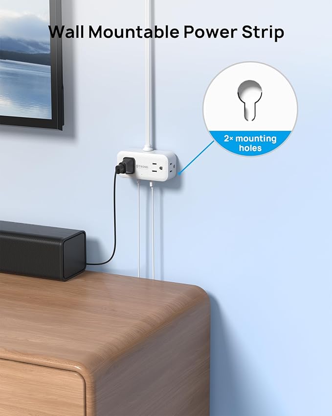 TROND 360° Rotating Flat Plug Power Strip, 5FT Extension Cord with 4 USB Ports, 4 Wide Spaced AC Outlets, Wall Mount, 900J Surge Protector for Office Travel Dorm Room Essentials, White