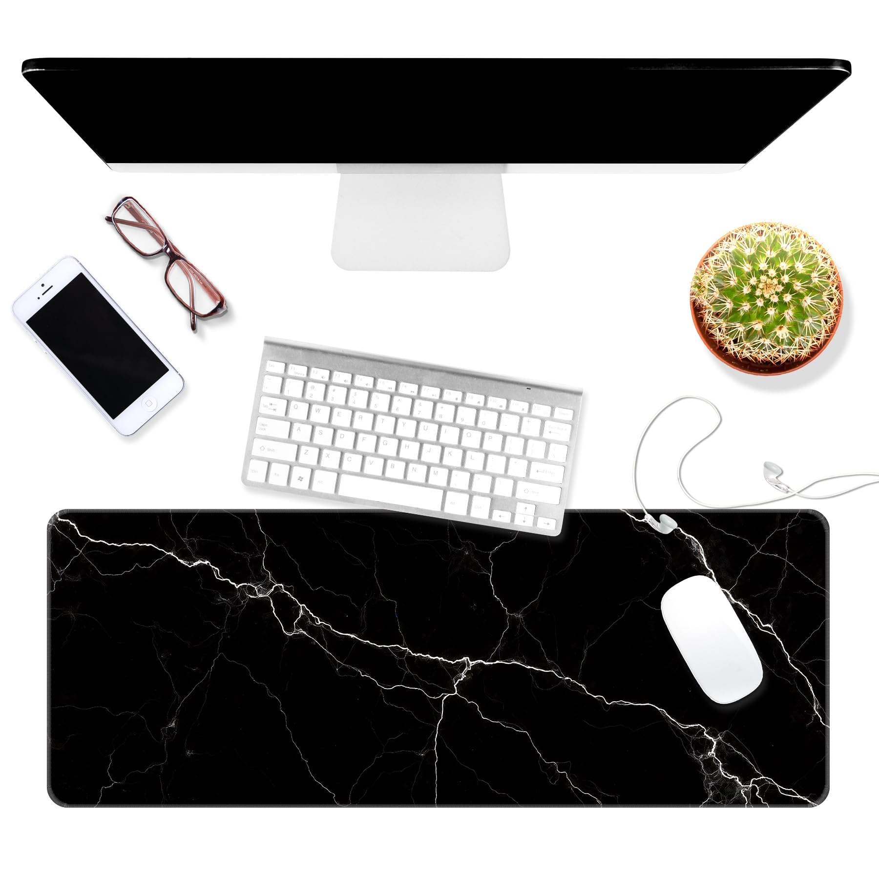 Dynippy Large Thin Mouse Pad with Stitched Edges, Black White Marble
