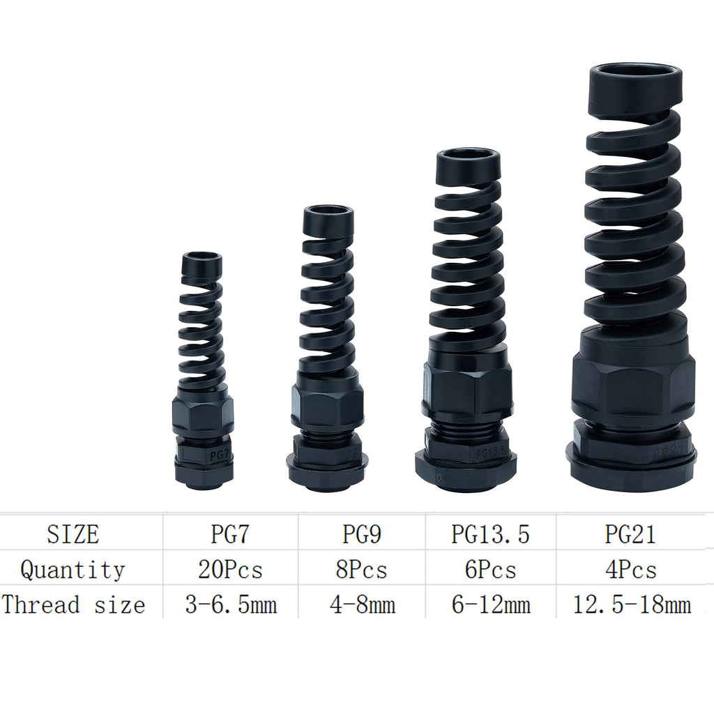38 Pcs PG7~21 Kit Cable Gland 3-18mm Nylon Strain Relief Spring IP68 PA66