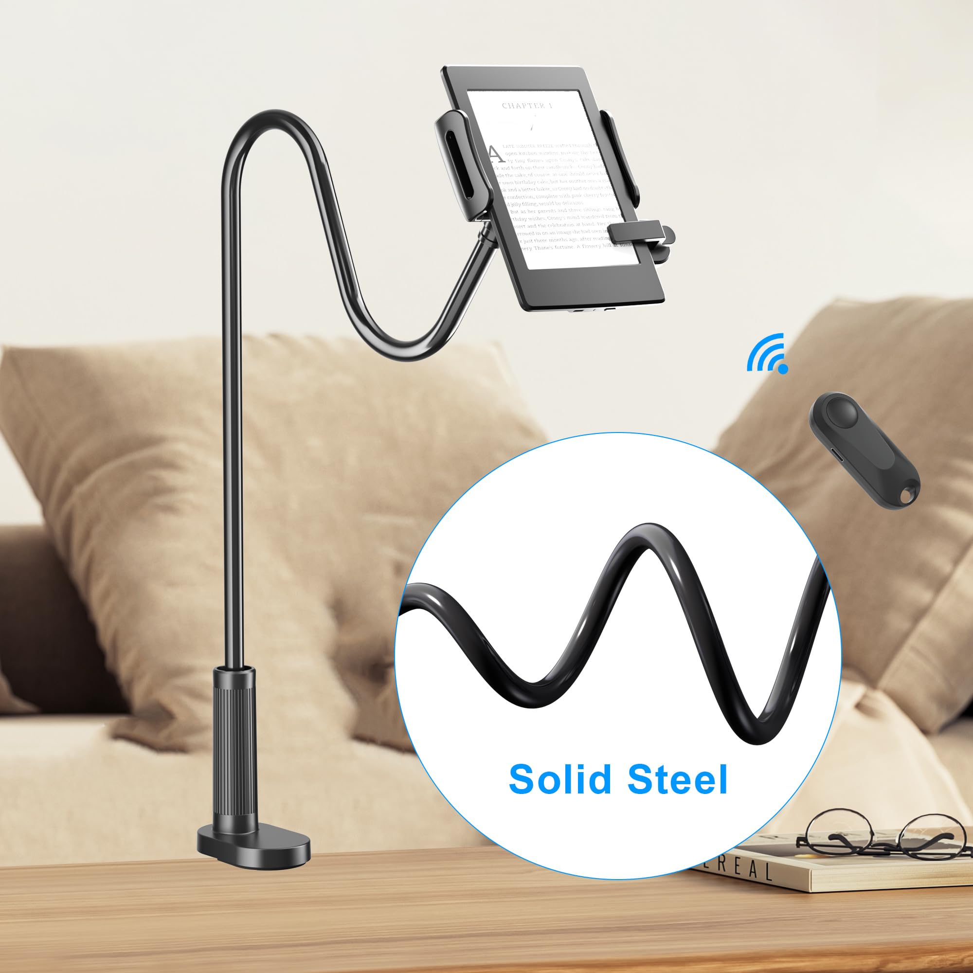 Kefotic Gooseneck Tablet Holder for Kindle Reading in Bed with Page Turner Remote, Hands Free Desk Bedside Lazy Arm Stand for Kindle Accessories, Gifts for Readers
