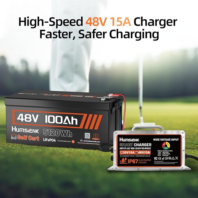 48V 100Ah Lithium Battery for Golf Cart with 15A Charger, Built-in Bluetooth 5.0 & 200A BMS,15000+ Deep Cycle LiFePO4 Battery with Low-Temp Protection for Golf Cart ﻿ Group 8D