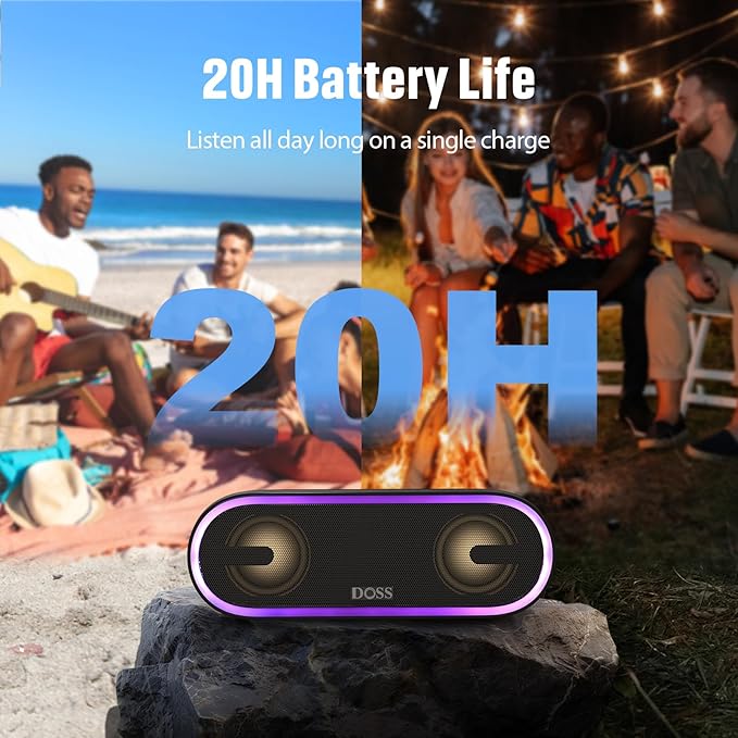DOSS SoundBox Pro+ P300 Bluetooth Speaker with 40W Stereo Sound, Extra Bass, IPX6 Waterproof, TWS Pairing, Diverse Lights Show, 20H Playtime, BT 5.3 Speaker for Party, Camping, Beach - Blue