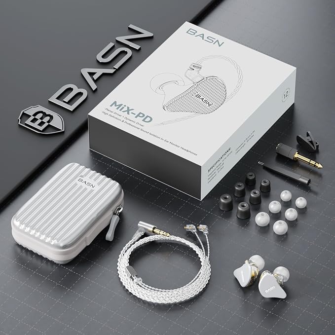 BASN Mix-PD in Ear Monitor,1Planar Driver + 1Dynamic Driver HiFi IEM Earphones with CNC Crafted Metal Cover, Wired 0.78mm 2-Pin Silver Plated Detachable Cable for Musicians (Silver)