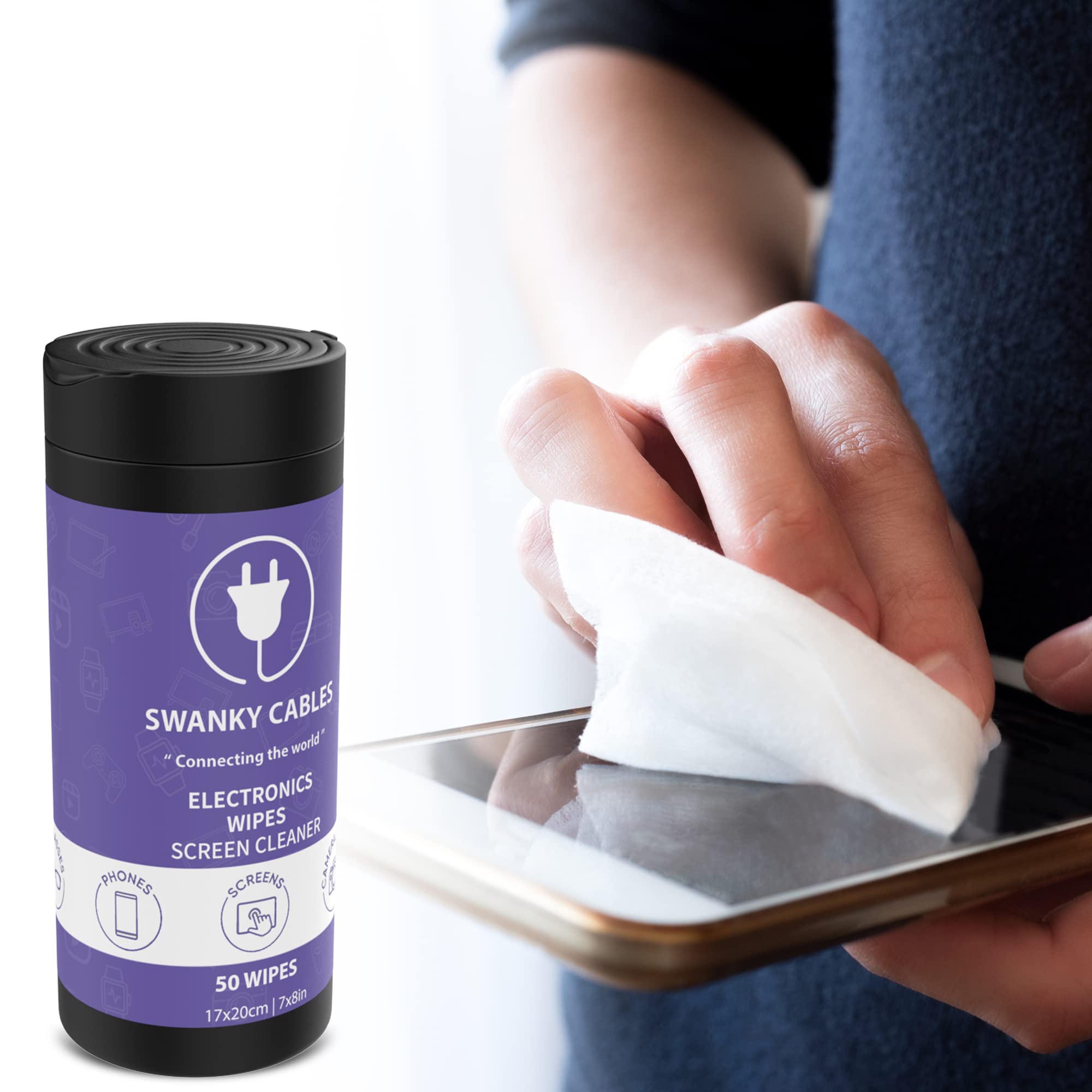 Swanky Cables Screen Cleaner Wipes: Electronic Wipes for Screens - Computer Screen Wipes for Lens, Phone, Tv Screen and Monitor Cleaning - Tech Wipes & Microfiber Cloth (Canister, 100 Count)