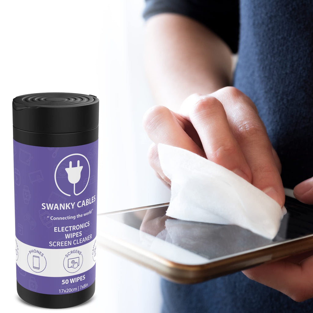 Swanky Cables Electronic Cleaning Wipes - Computer, TV, Monitor, Phone, Laptop, Tablet, Keyboard, Camera & Lens Cleaner, Portable Tech Screen Cleaner - With Microfiber Cloth - Canister, 150 Count