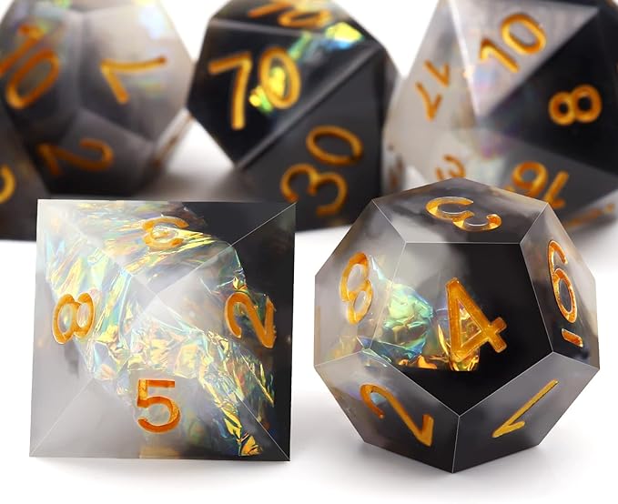 Haxtec Sharp Edge Dice Set DND Dice Black and White Resin Dice Iridecent Mylar Galaxy D&D Dice for RPG Role Playing Compatible with Dungeons and Dragons Gift