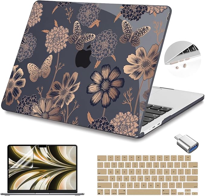 Teryeefi for MacBook Air M2 M3 M4 13.6 Case 2022 2023 2024 2025 Release A2681 A3113 A3240, Clear Hard Shell with Keyboard Cover & USB 3.0 Adapter & Screen Protector, Gold Floral Butterfly