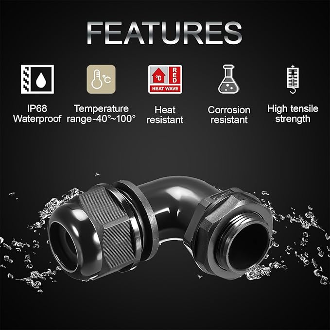 LeMotech M25 Cable Gland, 90 Degree Adjustable 13-18mm Strain Relief, Cord Connectors Nylon Joints with Gaskets, 2 Pcs, Black
