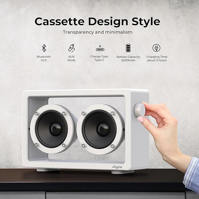 Cassette Portable Bluetooth Speaker, 16W Minimalist Speakers Bluetooth Wireless Loud, HD Powerful Sound and Wide Compatibility V5.3 for Indoor Outdoor - White