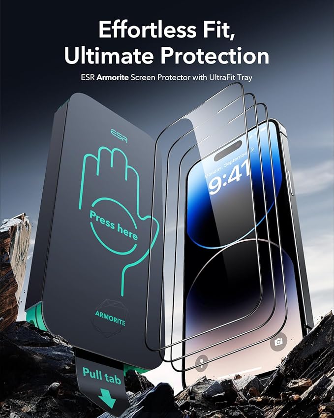 ESR 3 Pack 9H+ Glass for iPhone 14 Pro Screen Protector, [Military Grade Shatterproof & Longest Durable] Armorite Ultra-tough Full Coverage Tempered Glass with UltraFit Tray
