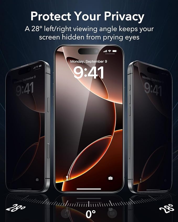 ESR 3 Pack for iPhone 16 Pro Privacy Screen Protector, Anti-spy Tempered-Glass Privacy Screen Protector with Flawless Fit Tray, Micro-curved Edges, Case Friendly