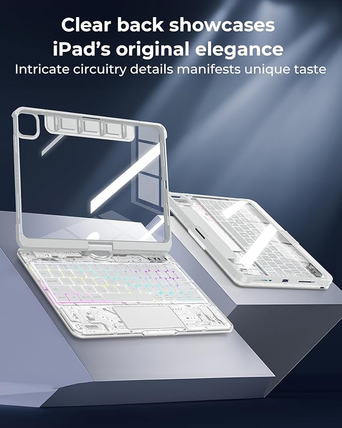 SIBEITU Keyboard Case for iPad Pro 11 Inch (M5 2025 / M4 2024), 360 Rotatable iPad Pro 11 Clear Cover with Multi-Touch Trackpad, 7-Color Backlight & 3 Brightness, High-Tech Visible PCB Design, White