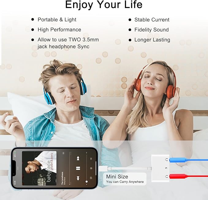 3 in 1 Dual 3.5mm Headphone Jack Adapter - Earphone Jack Audio and Charging Adapter - Headphone Splitter for iPhone 14/13/ 12/11/ X/ 8 - White