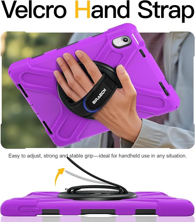 BRAECN for iPad (A16) 11th/10th Generation case 11/10.9 inch 2025/2022 Heavy Duty Shockproof Protective with Pencil Holder Screen Protector 360°Rotating Stand Handle & Shoulder Strap Full Body Cover