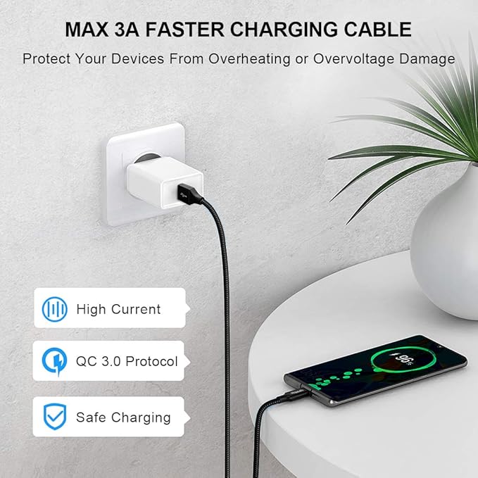 etguuds 6ft USB A to USB C Cable 3A Fast Charging, 2-Pack USB A to USB Type C Charger Cord for iPhone 16 15 Pro/Pro Max/Plus, for Samsung Galaxy S24 S23 S22 S21 S20 S10 A55 A54 Flip Note, Moto, Black