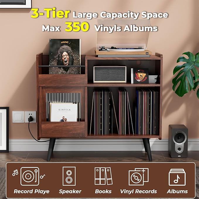 Large Record Player Stand with Sliding Door,350 Vinyl Record Storage Cabinet, Record Player Table with Power Outlet and LED Light,Turntable Stand with Wood Legs for Living Room,Office