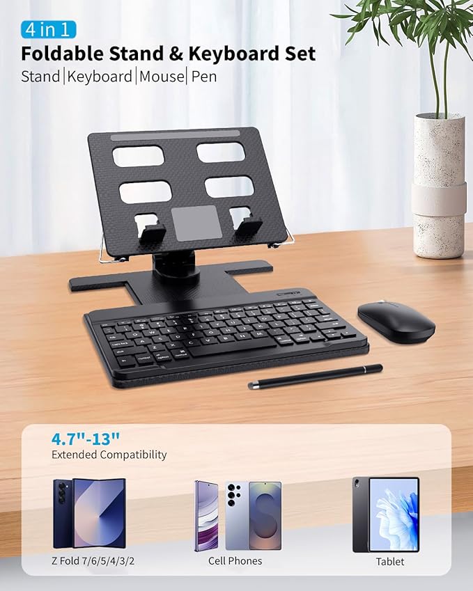 Desk Stand and Bluetooth Keyboard Combo for Samsung Galaxy Z Fold 7/6/5, 4 in 1 Set Include Mouse Pen, Adjustable Foldable Tablet Stand Holder Fits for 4.7"-13" Smartphones Tablet