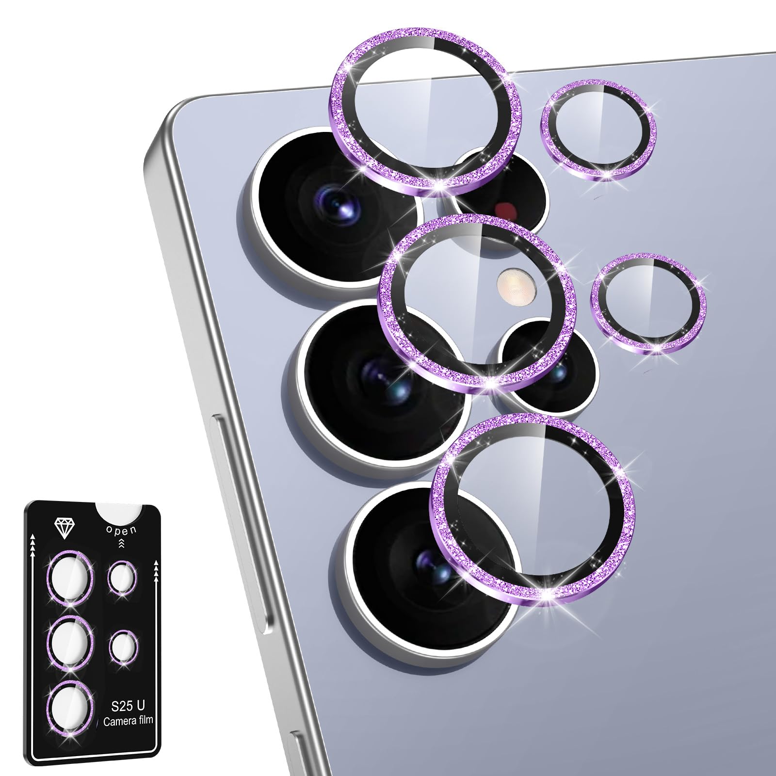 Avocase for Samsung Galaxy S25 Ultra Camera Lens Protector, Individual Metal Ring Tempered Glass Lens Cover, [Strong Adsorption] Scratch Resistant Ultra-Thin HD Clear Lens Cover, 1 Set-Purple Sparkly