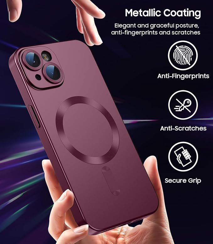 Magnetic for iPhone 15 Case [Compatible with MagSafe][Built-in Camera Lens Protector] Slim Soft Silicone Bumper Shockproof Metallic Shine Phone Case (Burgundy)