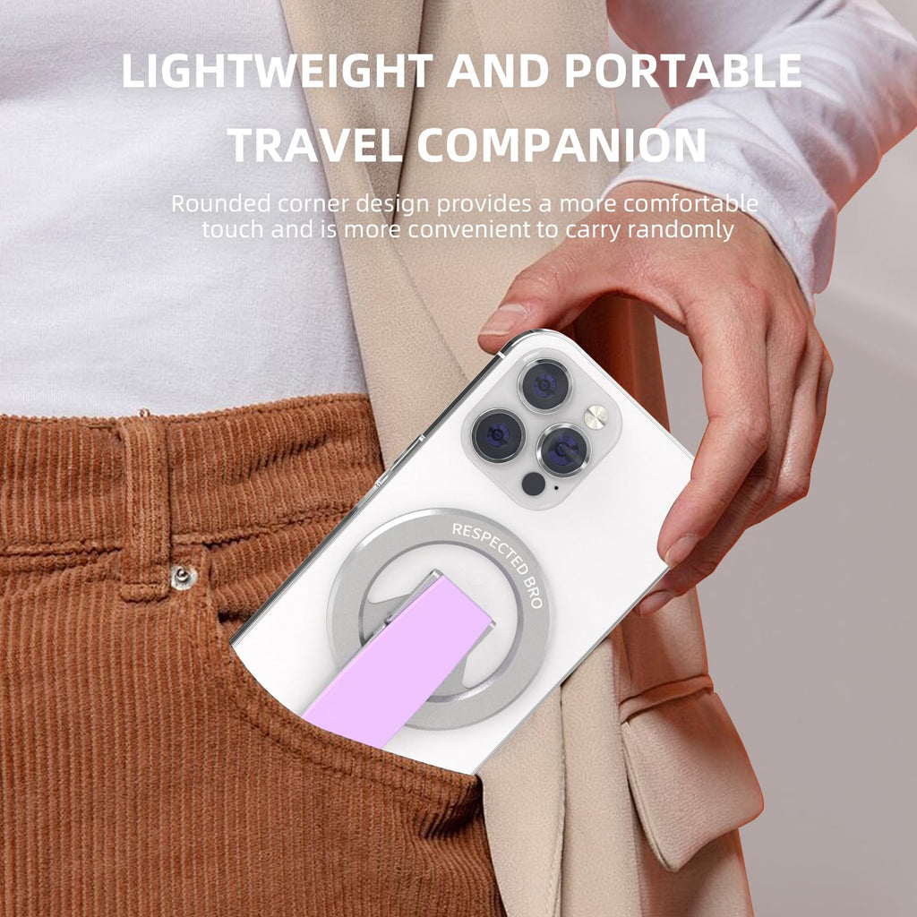 RESPECTED-BRO-Magnetic-Phone-Grip-Stand, Magnetic Phone Ring Holder Kickstand with Silicone Finger Strap, Compatibility for iPhone 17/16/15/14/13/12, Android, and More (Purple)