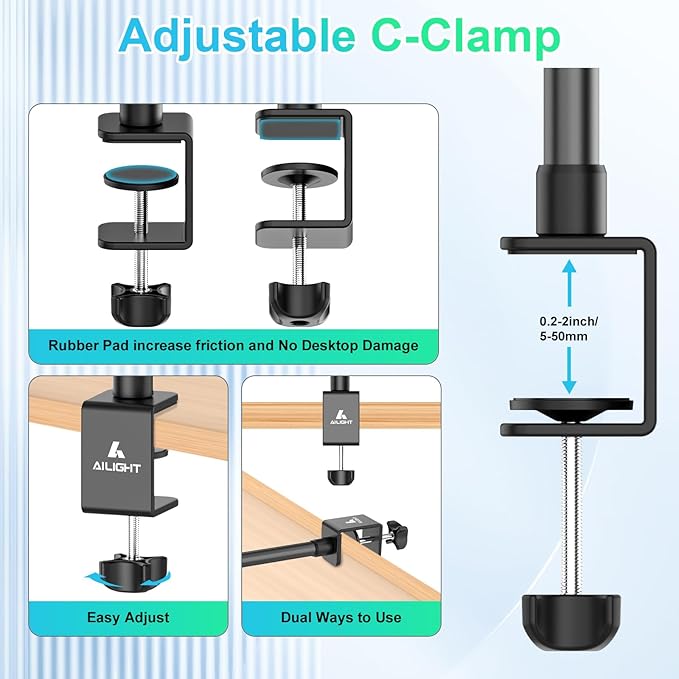 ailight Webcam Stand for Desk, Adjustable Camera Desk Stand Webcam Mount for Obsbot GoPro Anker insta Logitech Webcam C922 C930e C920S C920 C615 C960 C920x with 1/4" Thread