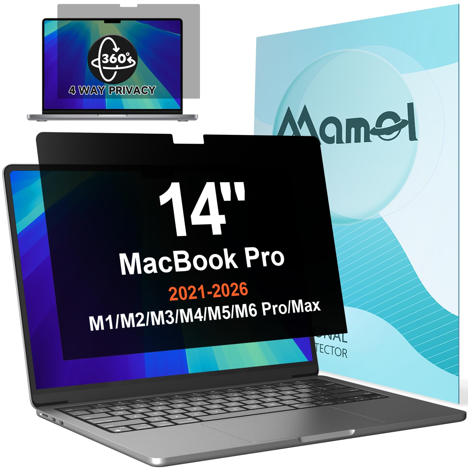 360° Privacy Screen for MacBook Pro 14 Inch (2021-2026, M1, M2, M3, M4, M5, Pro, Max), Anti Glare Blue Light Filter, Nano No Glue Anti Spy Black Protector for Mac Pro 14In Laptop Computer