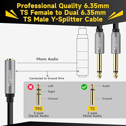 1/4 inch TS Mono Splitter Y Adapter, 6.35mm Mono Female to Dual 6.35 mm TS Mono Male Jack, Quarter inch Audio Speaker Splitter Converter Cable 1 Feet, Gold Plated Connectors