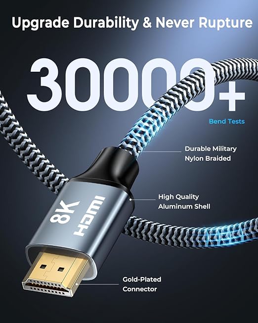8K HDMI Cable 12ft, 48Gbps High Speed HDMI 2.1 Cable, HDMI Cord 8K@60Hz 4K@120Hz Support for HDR eARC HDCP 2.2&2.3, HDMI Cable 2.1 Compatible with HDTV, Laptop, Monitor, PC